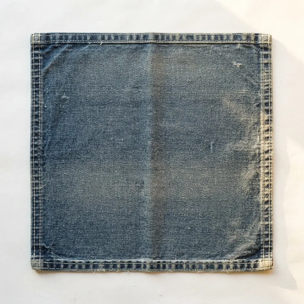 A rectangular placemat constructed from two layers of blue denim, bonded with fabric adhesive to create a reversible mat.