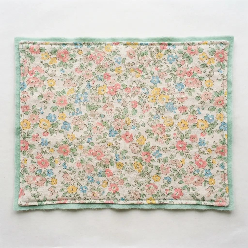 A placemat featuring a printed floral linen top layer fused to a solid-colored wool felt backing for structure.