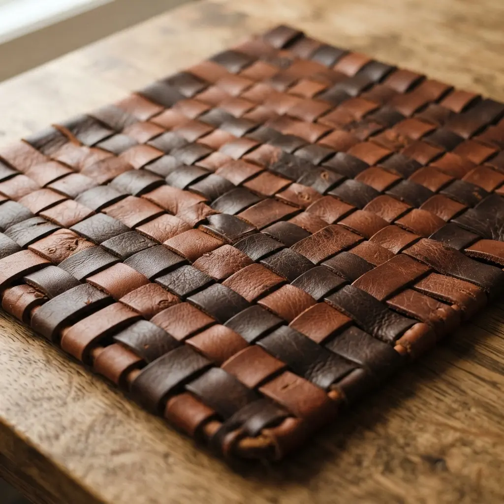 A modern rectangular placemat created by weaving flat strips of tan and brown leather together.