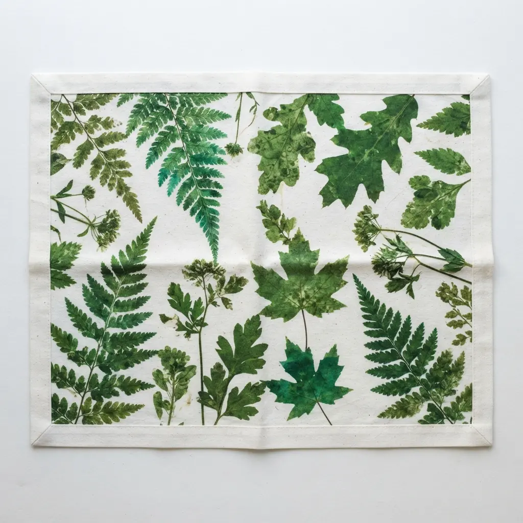 A green botanical print fabric placemat with crisp, folded edges secured with fusible bonding web.