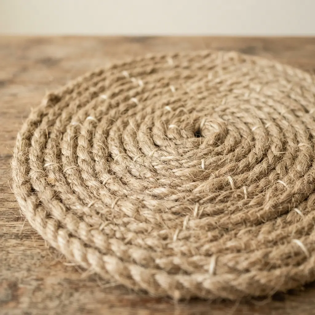 An oval-shaped placemat created by tightly wrapping natural jute twine around a cardboard or felt base.