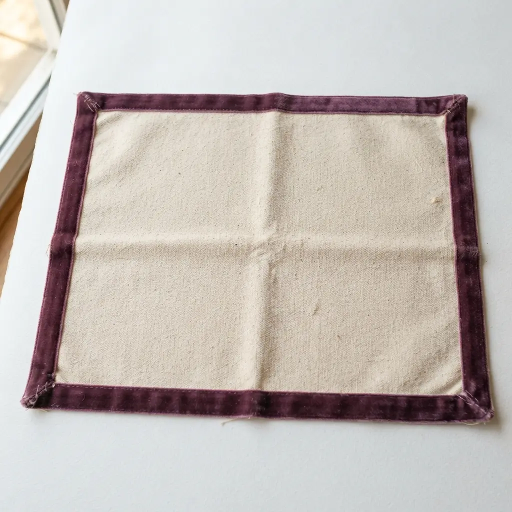 A simple cotton canvas placemat with a strip of deep blue velvet trim glued neatly around its perimeter.