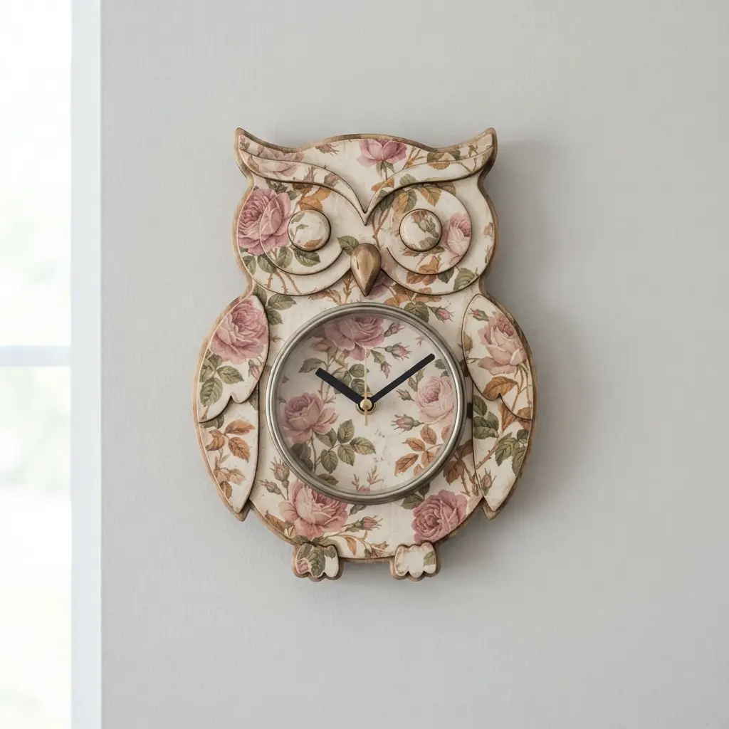 A close-up of a wooden owl-shaped clock face covered in elegant, vintage-style rose print paper.