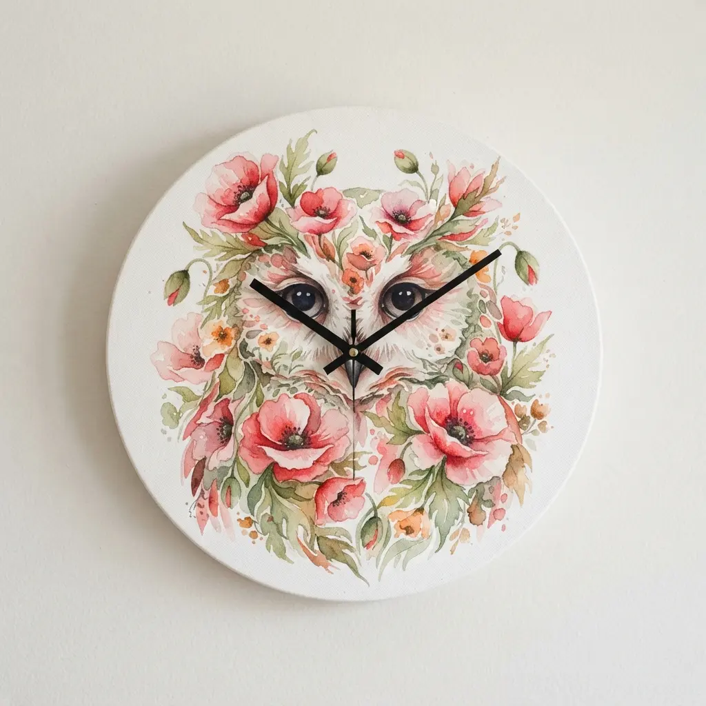 A round canvas clock face painted with a watercolor owl whose feathers blend into soft red poppy flowers.