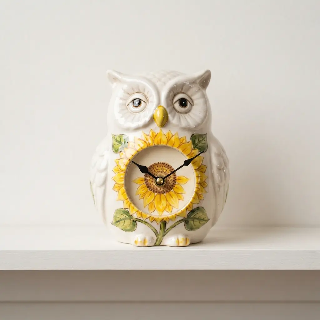 A glossy white ceramic owl clock with a vibrant, detailed sunflower painted across its chest.