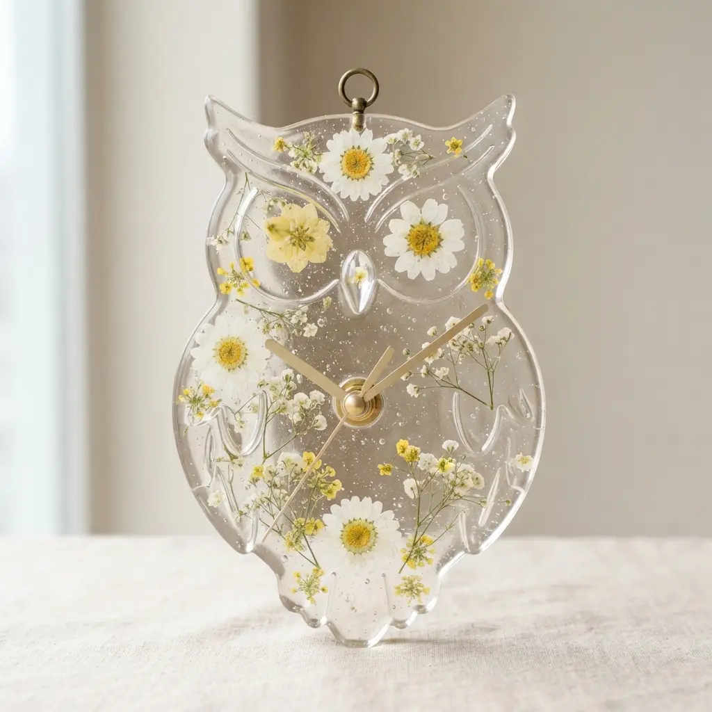 A transparent, owl-shaped resin clock with real pressed daisies and baby's breath suspended inside.