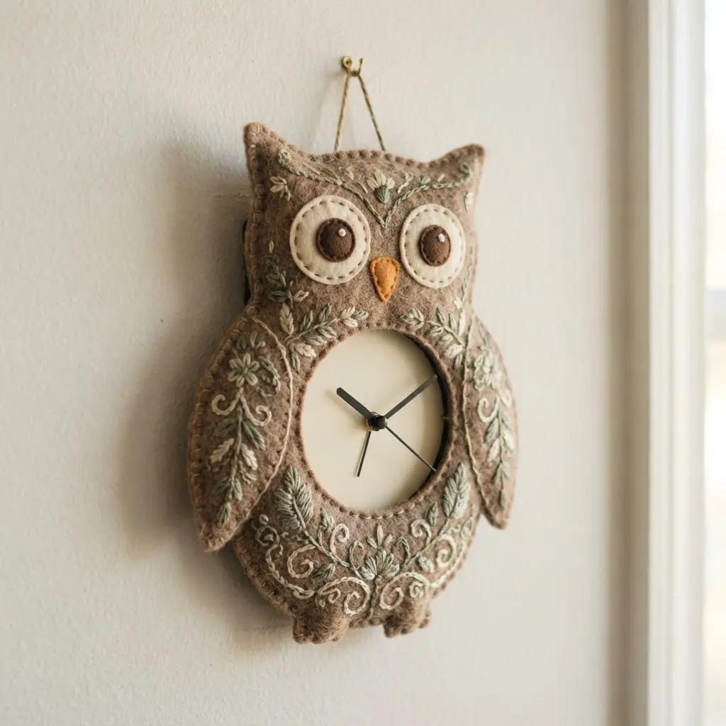A brown felt owl wall decoration with intricate embroidered floral vines along its edges and a central clock.