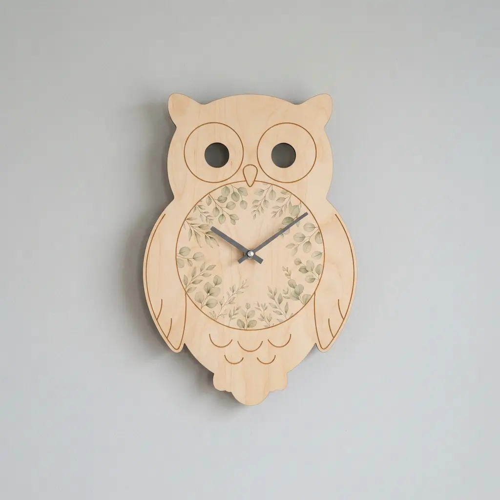 A light birch wood owl silhouette with a minimalist clock face and fine, etched eucalyptus leaf patterns.