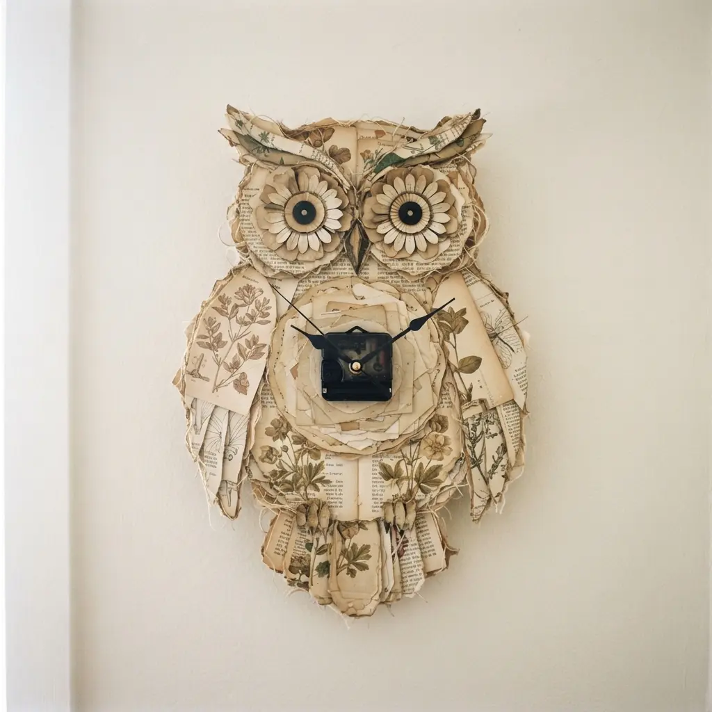 An owl form made from layered vintage paper scraps, botanical prints, and a simple clock mechanism.