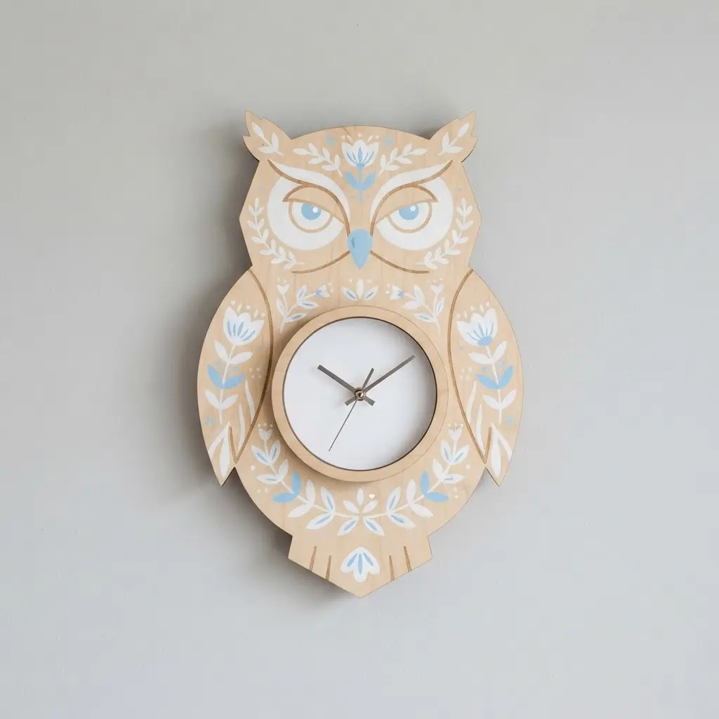 A geometric owl shape cut from plywood, painted with a simple blue and white Scandinavian floral design.