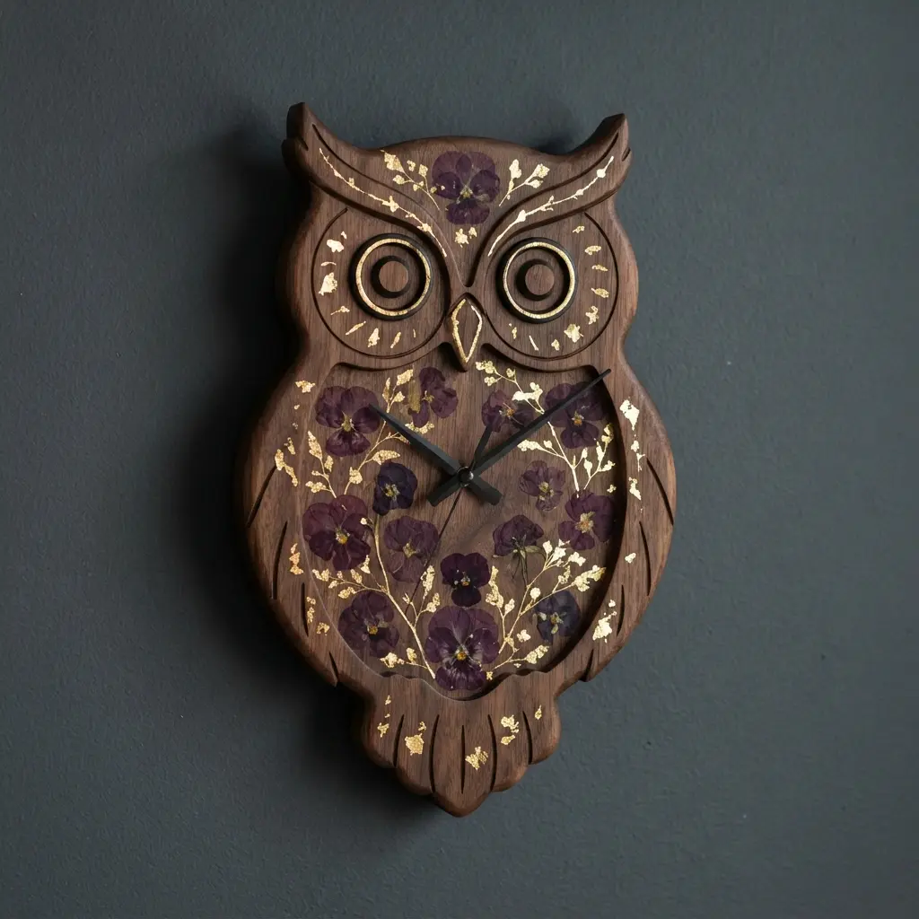 A dark wooden owl clock face adorned with tiny pressed purple pansies and delicate veins of gold leaf.