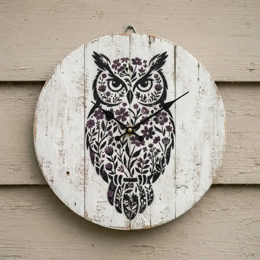 A distressed wooden background with a dark owl silhouette stencil filled with black wildflower shapes.