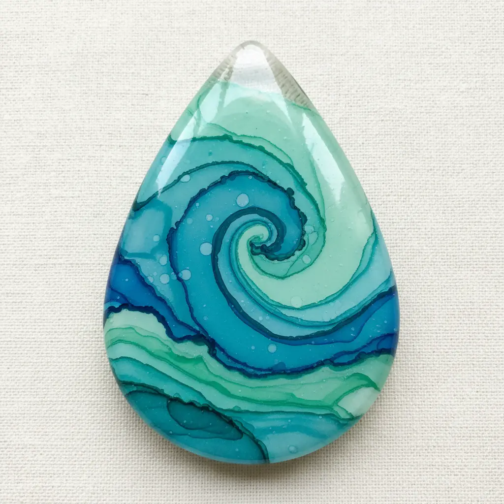 A teardrop glass pendant with layers of blue and green alcohol ink resembling ocean waves, attached to a silver chain.
