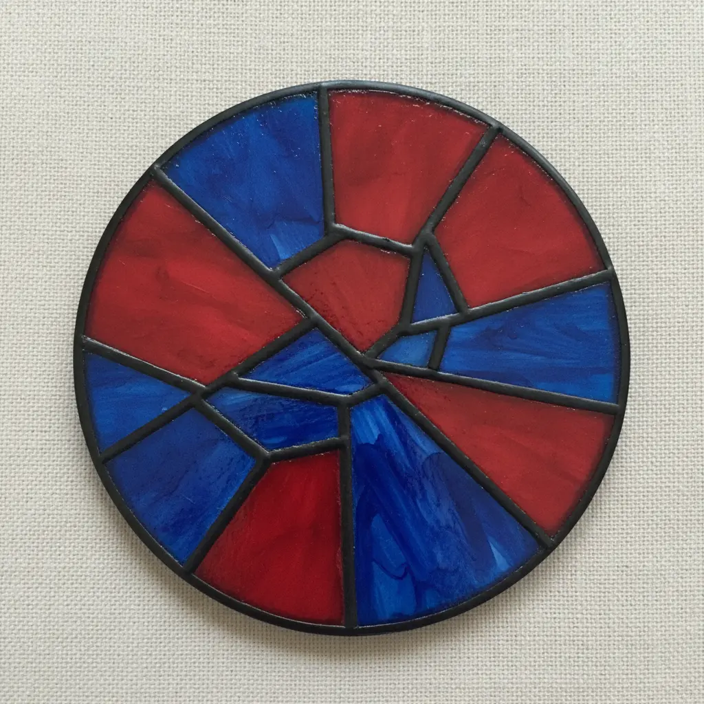 A glass pendant with a mosaic-like pattern of colored enamel sections outlined in black, resembling stained glass.