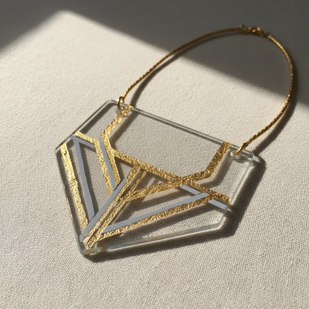A square glass pendant with delicate gold leaf lines forming a geometric pattern, paired with a minimalist gold chain.