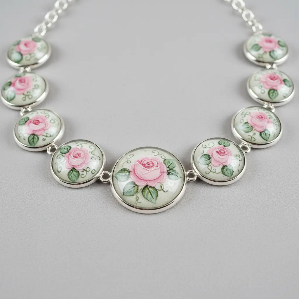 A domed glass cabochon choker with hand-painted pink and green floral enamel detail in a silver setting.