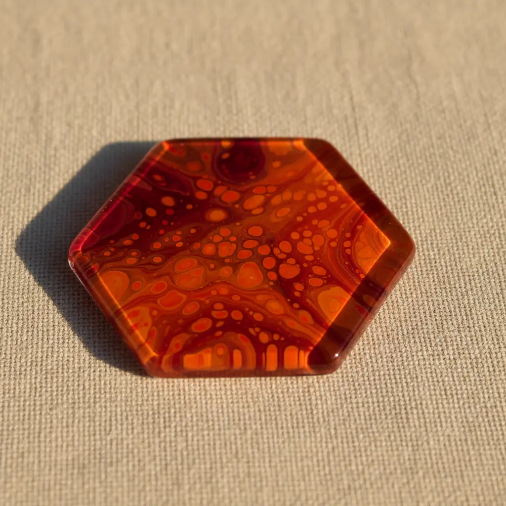 A hexagon glass pendant with vibrant red and orange fluid acrylic pour, encased in a sleek metal frame.