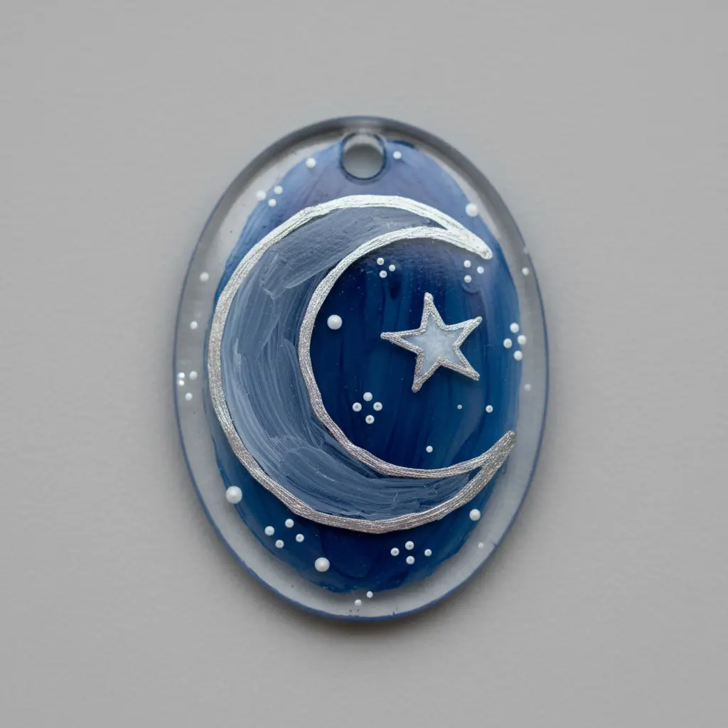 An oval glass charm painted with a crescent moon and tiny stars in silver and midnight blue enamel.