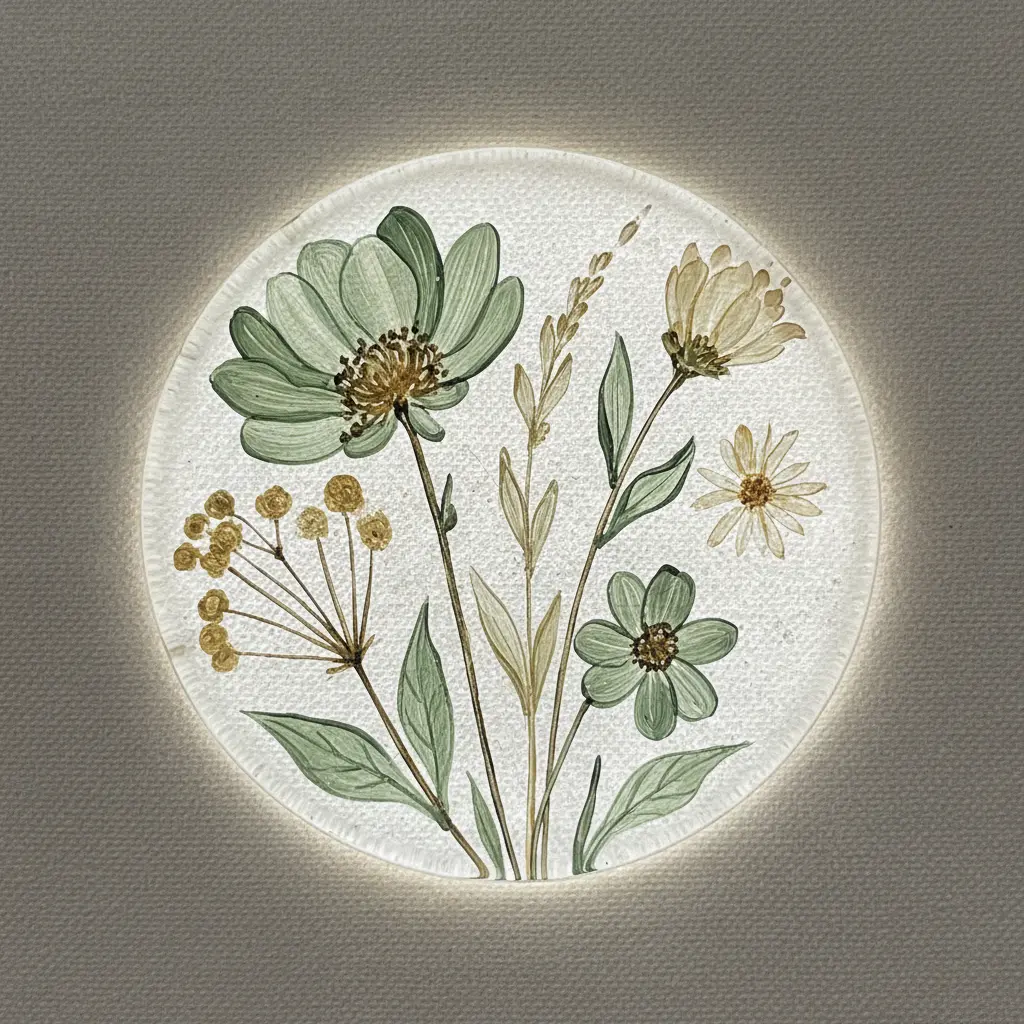 A round glass medallion with a pressed botanical flower design and gold rim, suspended on a cord.