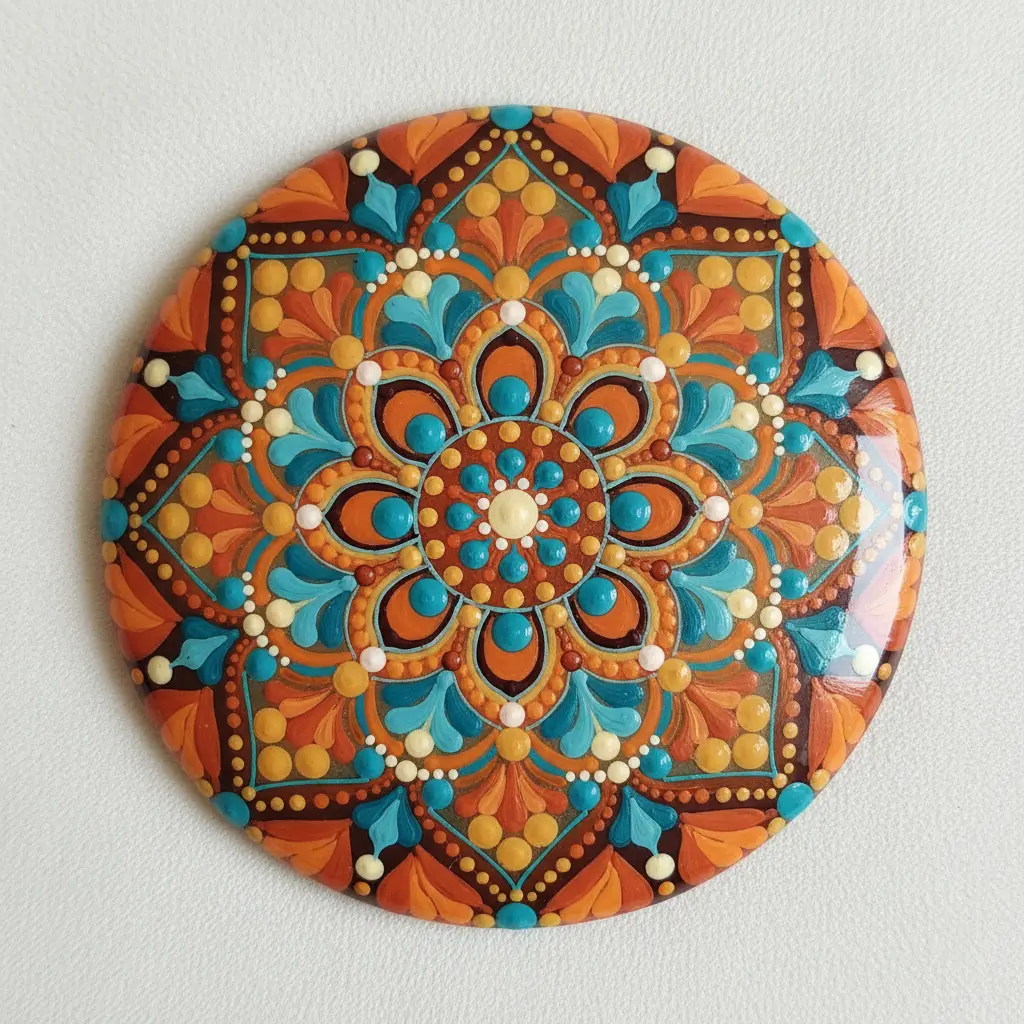 A round glass necklace featuring a detailed mandala pattern in earthy orange and turquoise paint.