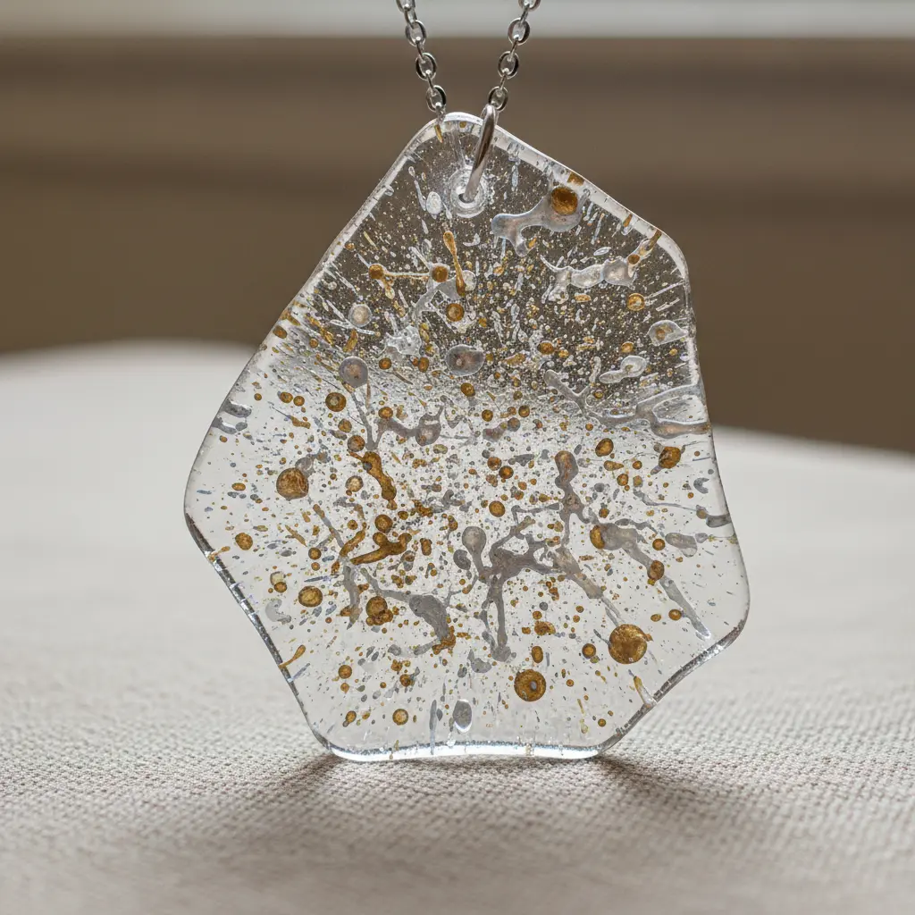An asymmetrical glass piece with gold and silver metallic paint splatters on a clear background, on a black cord.