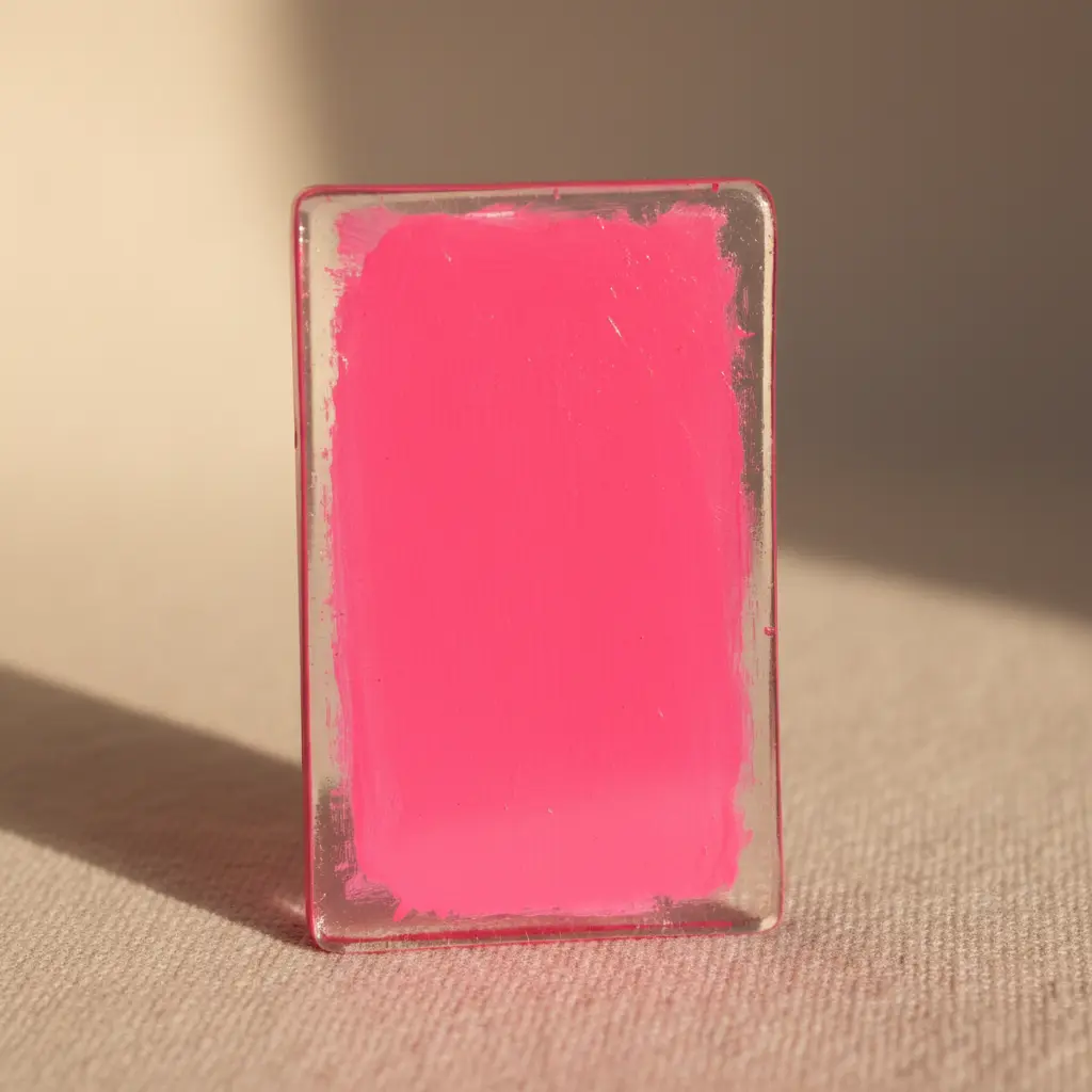 A thick rectangular glass slab with bright neon pink pigment painted on the back, hung on a simple chain.