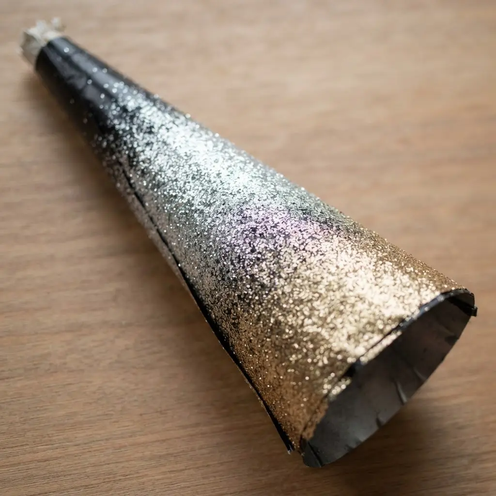 A conical party horn with a glitter gradient fading from silver to gold on a black foil paper base.