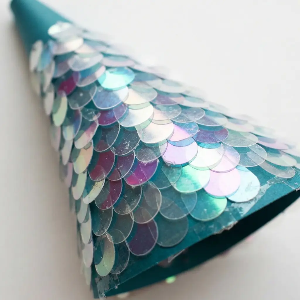A teal paper cone decorated with overlapping scales cut from iridescent cellophane that shifts color in the light.