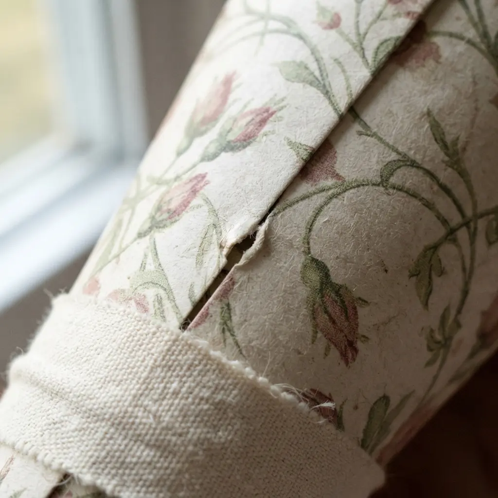 A paper party horn covered in a patterned sheet of vintage-style floral scrapbook paper with a cream ribbon trim.