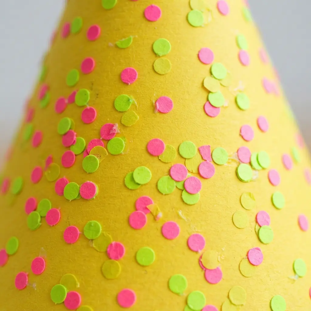 A vibrant yellow cardstock cone decorated with scattered neon pink and green punched paper confetti dots.