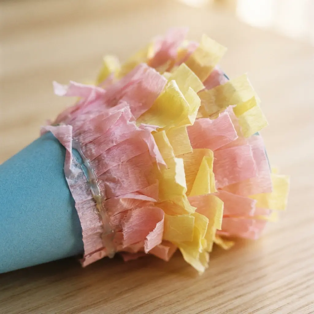A light blue party horn with overlapping ruffled layers of pastel pink and yellow crepe paper fringe at the wide end.