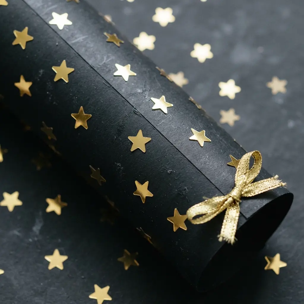 A matte black paper cone adorned with randomly placed shiny metallic gold star stickers and a gold ribbon.