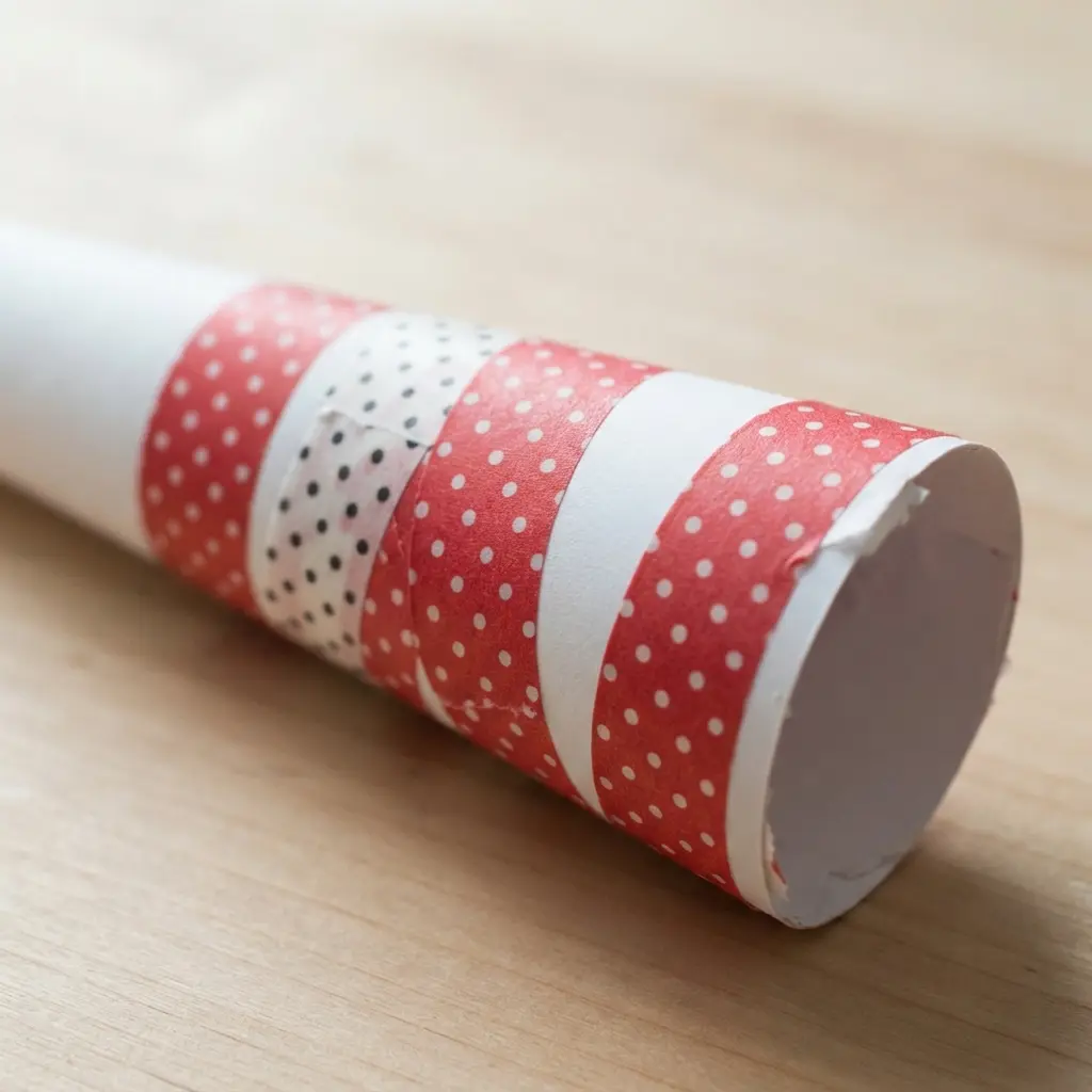A white cardstock party horn wrapped with diagonal chevron stripes of red and white polka dot patterned washi tape.