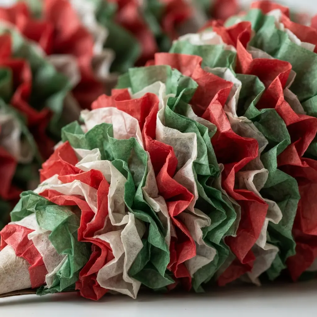 A sturdy paper cone base completely covered in fluffy, gathered ruffles made from red and green tissue paper sheets.