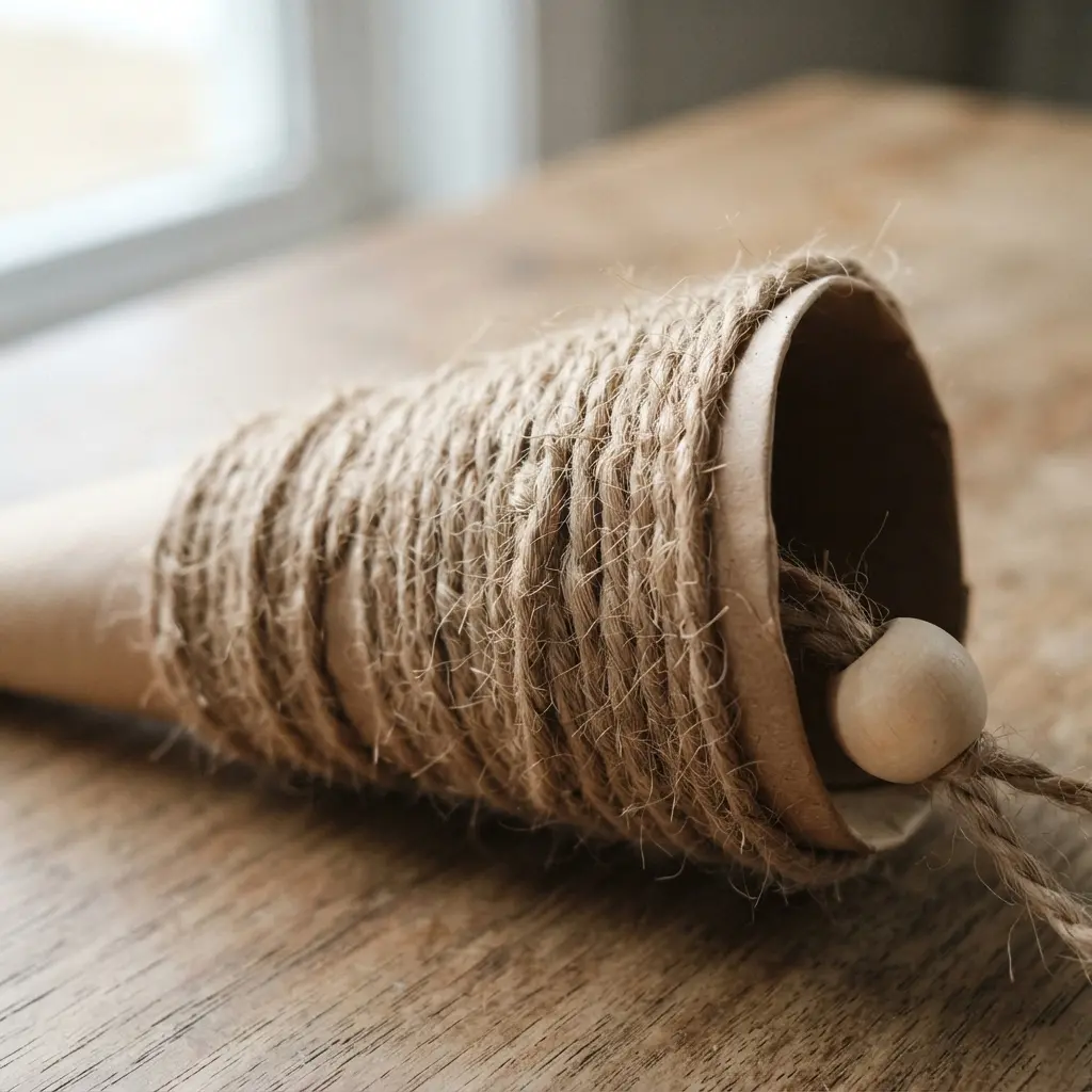 A simple kraft paper cone neatly wrapped from base to tip with natural jute twine, finished with a small wood bead.