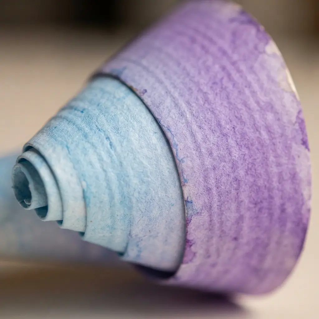 A party horn made from watercolor paper showing a soft ombre blend of blue fading into purple, with visible brushstroke texture.
