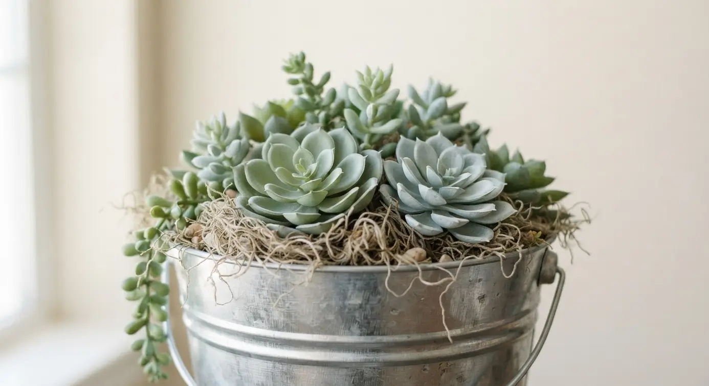 A rustic galvanized steel pail serves as a centerpiece, filled with an arrangement of green and blue faux succulents nestled in Spanish moss.
