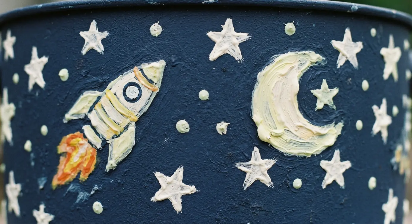 A navy blue pail is hand-painted with white and yellow stars, planets, and a rocket, using glow-in-the-dark paint.