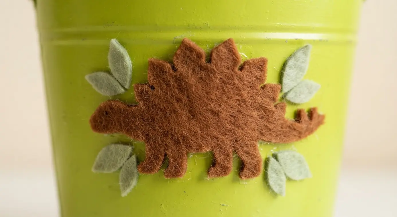 A lime green painted pail features a brown felt stegosaurus silhouette and smaller green felt leaves glued to its side.