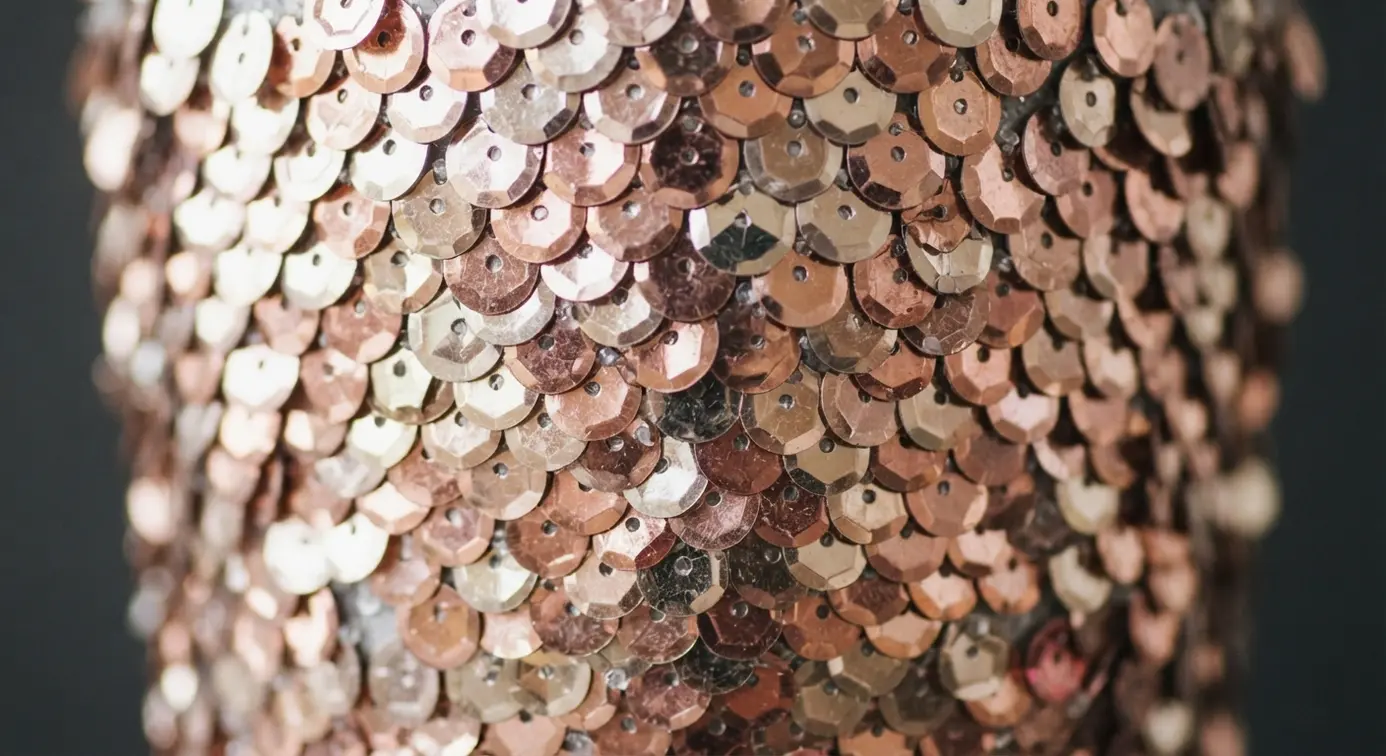 A party pail is meticulously covered in overlapping rows of shimmering rose gold sequins, creating a fully textured surface.