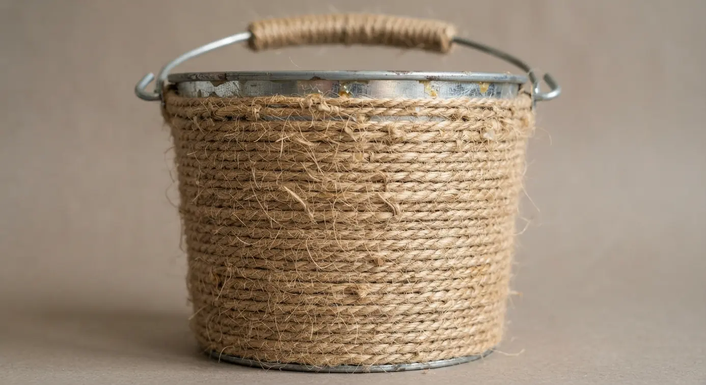 A basic metal pail is covered by tightly wound natural jute twine from base to rim, secured with a dab of glue.