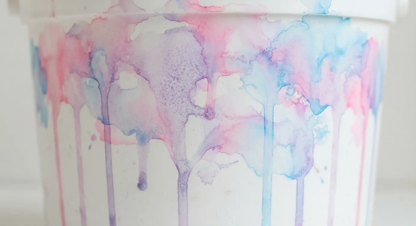 Pastel pink, blue, and purple watercolor paint drips down the sides of a white plastic pail in a blended, artistic effect.