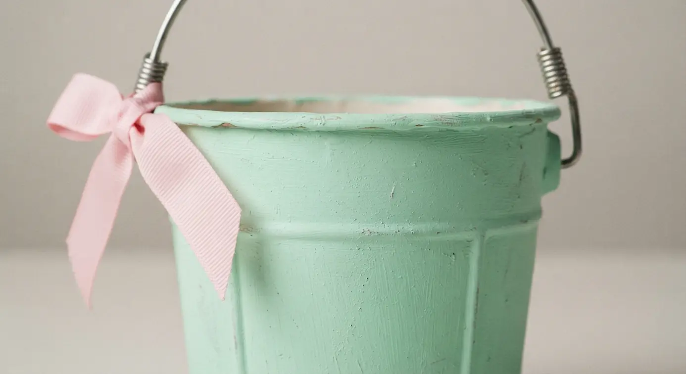 A mint green chalkboard paint pail with a handwritten guest name and a pink ribbon tied around its handle.
