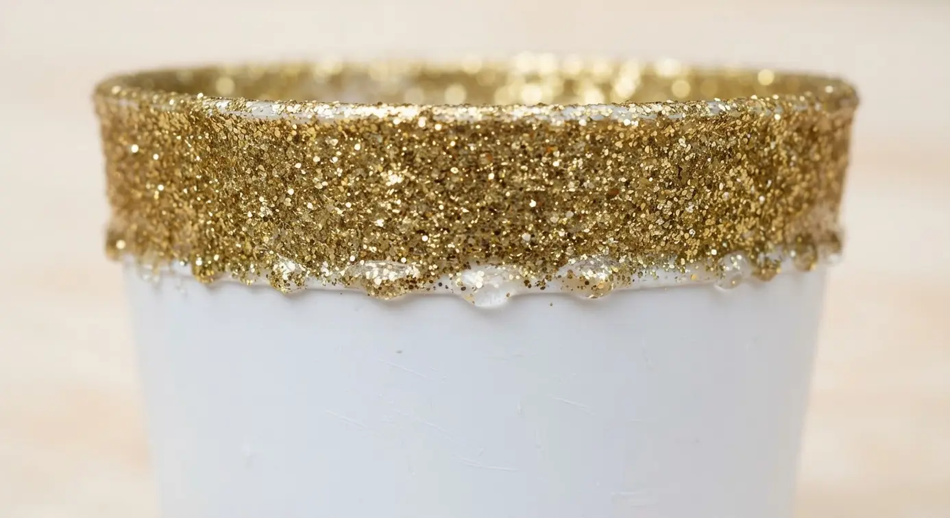 The upper third of a white plastic party pail is coated in a thick, sparkling layer of gold glitter adhesive.