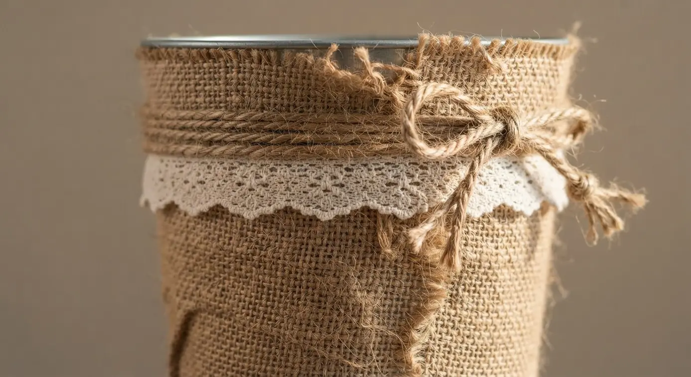 A simple metal pail is covered in coarse, natural burlap fabric, secured with twine and topped with a strip of white lace.