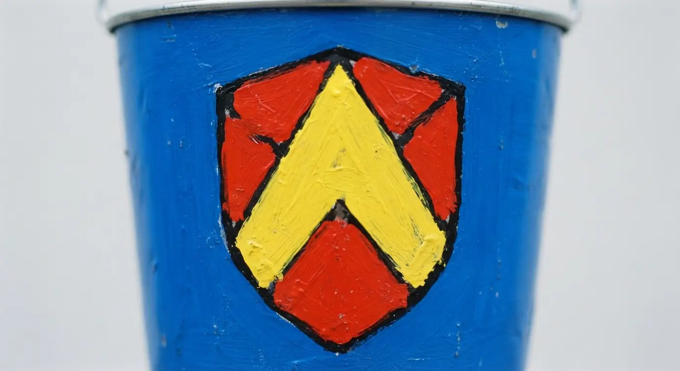 A bright blue painted metal pail displays a clean, bold yellow and red superhero shield logo on its front.