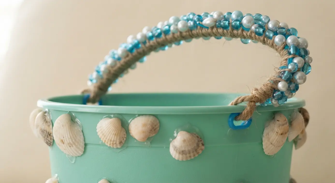 A pale green pail has a handle made of blue and pearl-colored beads, with small seashells glued around its rim.
