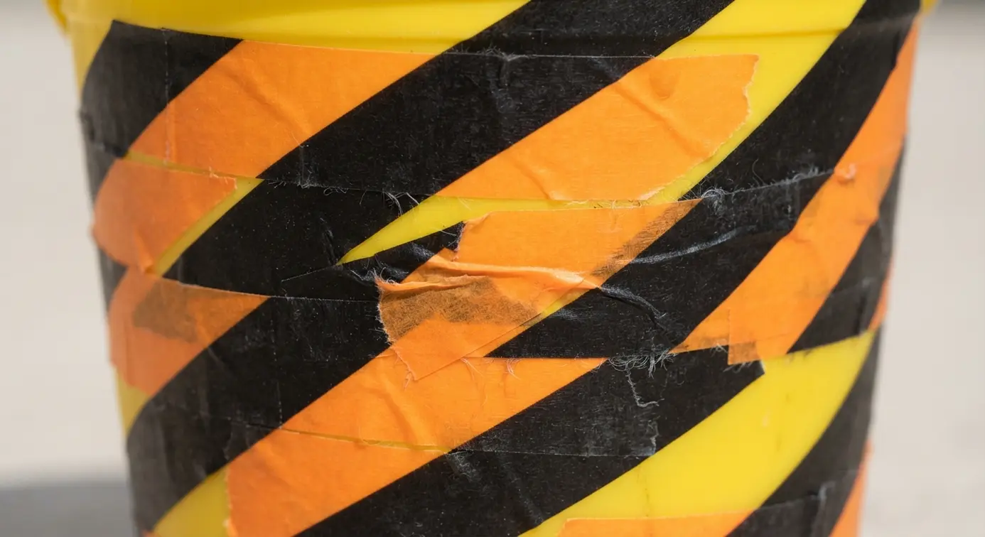 Stripes and caution-style patterns made from black and orange washi tape adorn a bright yellow plastic pail.