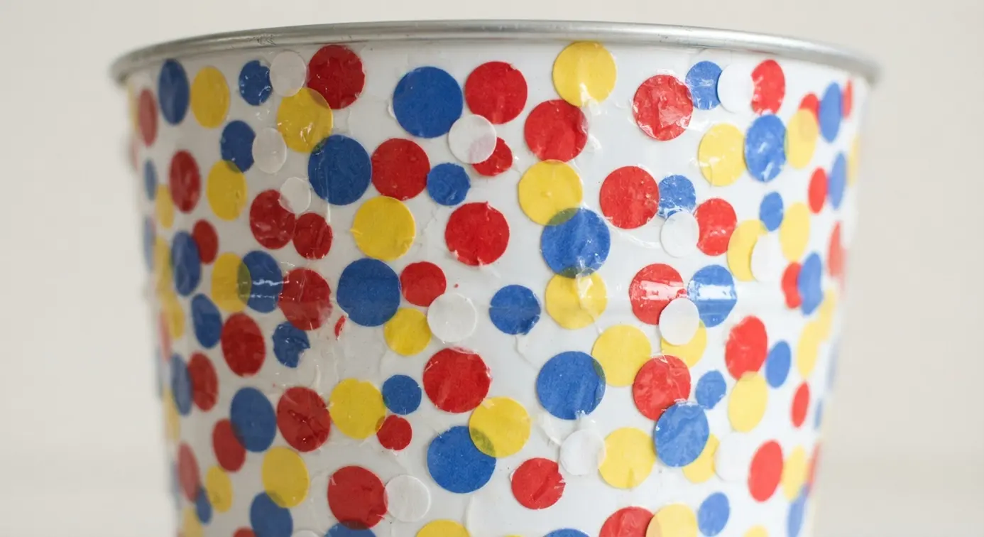 A white metal pail is completely covered in an even pattern of red, blue, and yellow paper circles sealed with decoupage medium.