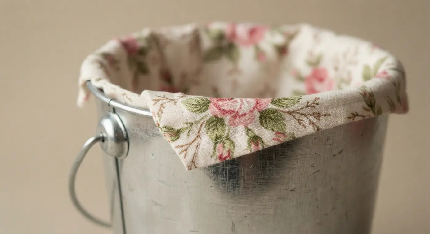 Inside a plain tin pail, a lining of pink and green floral cotton fabric is visible, neatly folded over the rim.